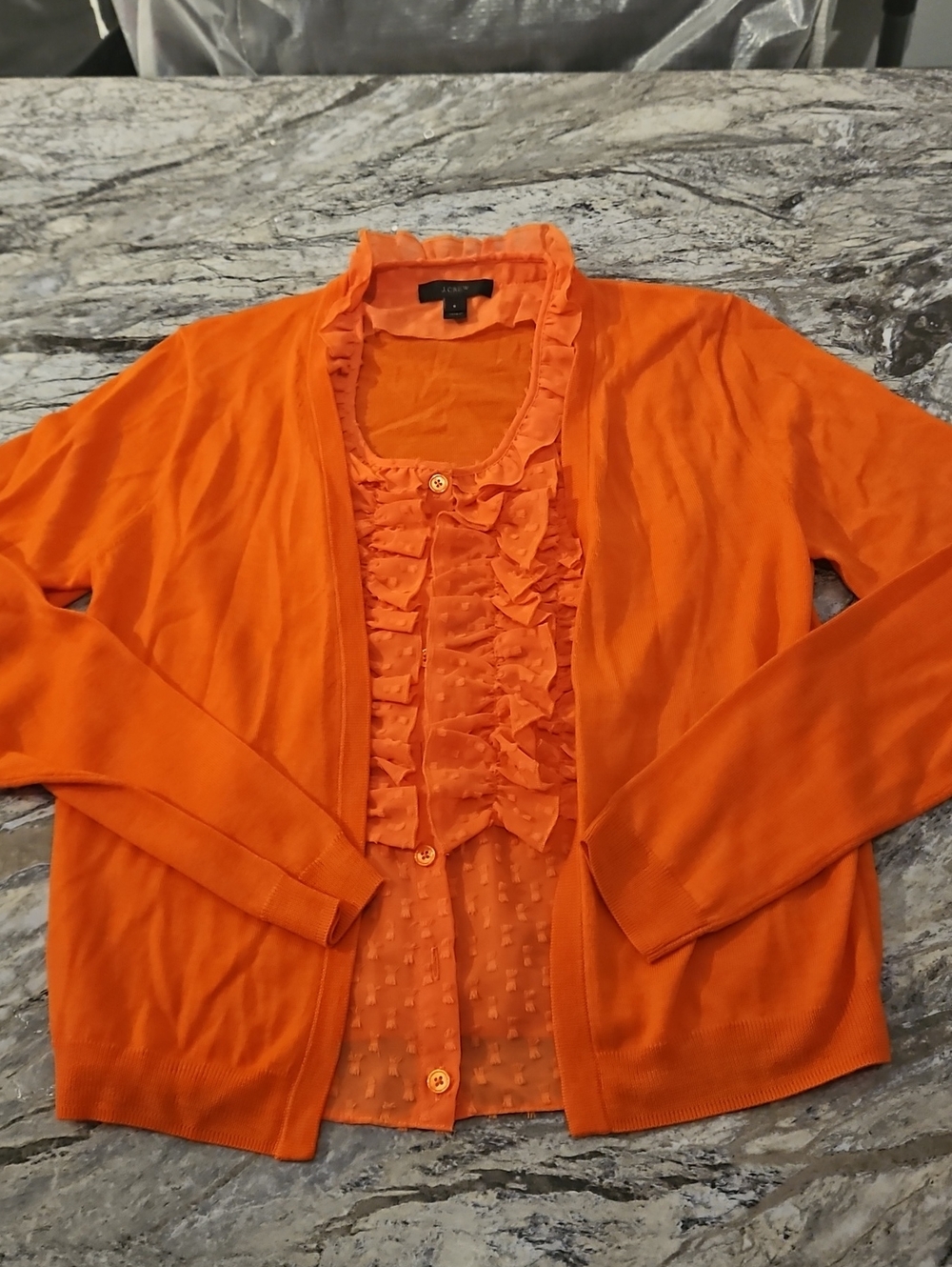 J. Crew Bright Orange Ruffle-Front Cardigan